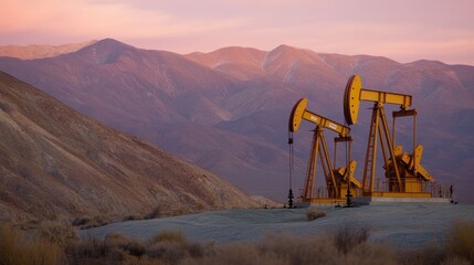 Naklejka premium Golden Oil Pump Jacks Against Majestic Mountain Landscape at Sunset