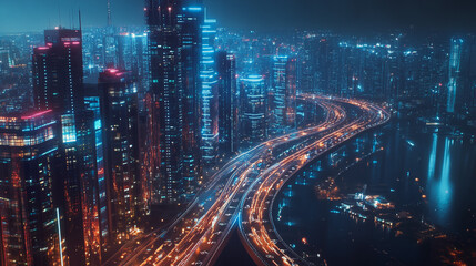 Smart Innovation city with connection cyber security network reciprocity over the night cityscape future wireless digital city and social media networking systems that connects people in the city