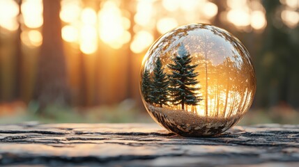 Glass Globe Reflecting Sunset Forest Scene  Nature Photography