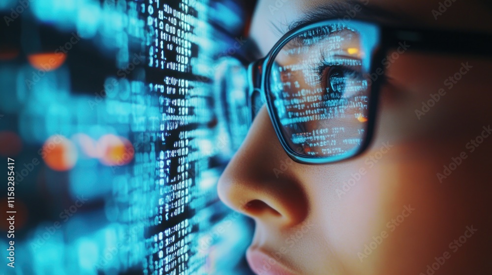 Poster a man is looking at a computer screen with a pair of glasses on