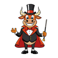 A bull dressed as a magician, holding a wand vector illustration