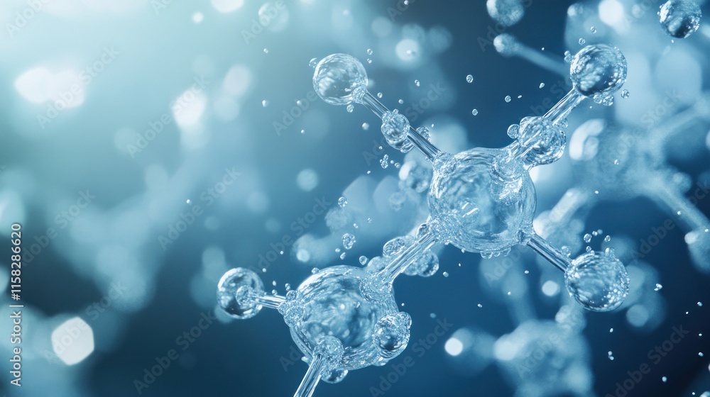 Poster a blue background with two clusters of water molecules. the clusters are in the shape of a triangle
