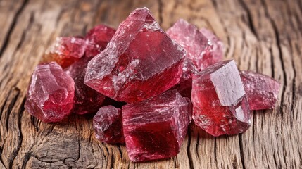Vibrant Red Crystals on Rustic Wooden Surface Displaying Natural Beauty