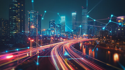 Smart Innovation city with connection cyber security network reciprocity over the night cityscape future wireless digital city and social media networking systems that connects people in the city