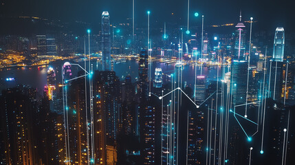 Fototapeta premium Smart Innovation city with connection cyber security network reciprocity over the night cityscape future wireless digital city and social media networking systems that connects people in the city