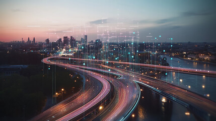 Smart Innovation city with connection cyber security network reciprocity over the night cityscape future wireless digital city and social media networking systems that connects people in the city