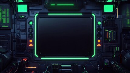 A computer monitor with a green screen. The screen is black and has no content. There are several buttons on the monitor, including a red button