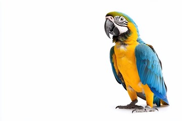 A vibrant blue and yellow parrot standing against a white background.