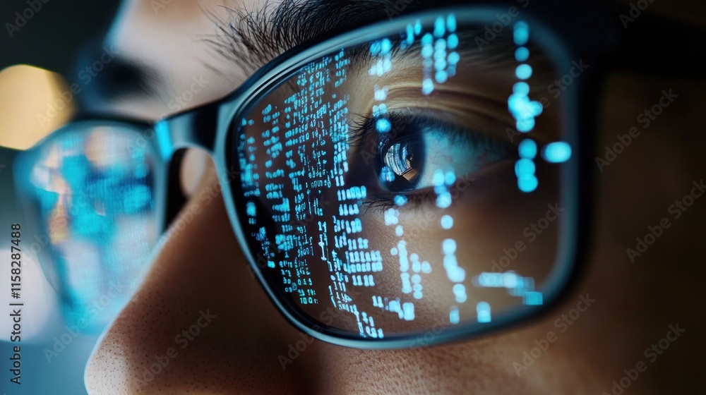 Poster a man is looking at a computer screen with a pair of glasses on