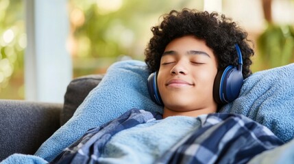 Obraz premium Person relaxing with headphones on, enjoying a moment of solitude and personal entertainment, embracing the power of music to rejuvenate and escape from daily stress.