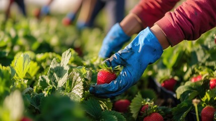 Fototapeta premium A person is picking strawberries in a field