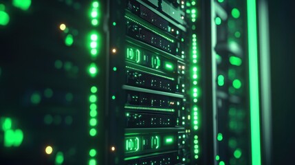 A row of computer servers with green lights. The servers are connected to each other