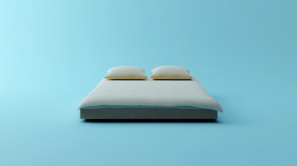 Minimalist Bed with Soft Pillows Against a Blue Background