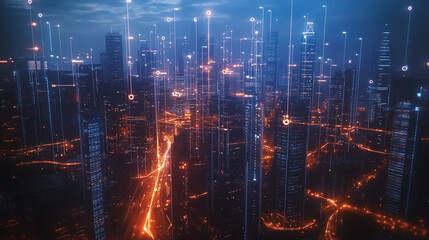 Obraz premium Smart Innovation city with connection cyber security network reciprocity over the night cityscape future wireless digital city and social media networking systems that connects people in the city