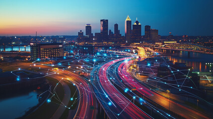 Fototapeta premium Smart Innovation city with connection cyber security network reciprocity over the night cityscape future wireless digital city and social media networking systems that connects people in the city