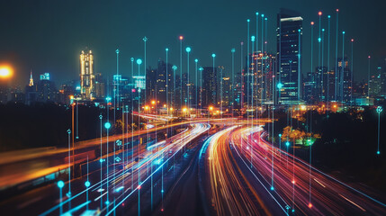 Smart Innovation city with connection cyber security network reciprocity over the night cityscape future wireless digital city and social media networking systems that connects people in the city