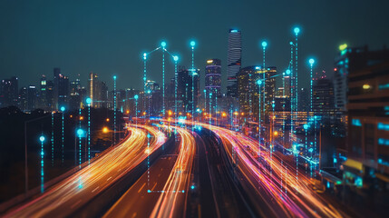 Fototapeta premium Smart Innovation city with connection cyber security network reciprocity over the night cityscape future wireless digital city and social media networking systems that connects people in the city