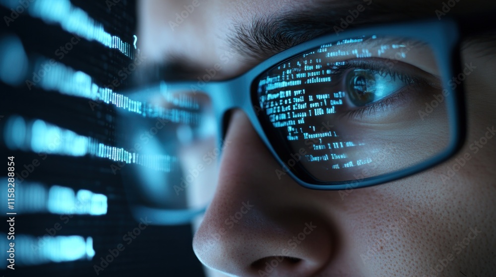 Poster a man is looking at a computer screen with a pair of glasses on