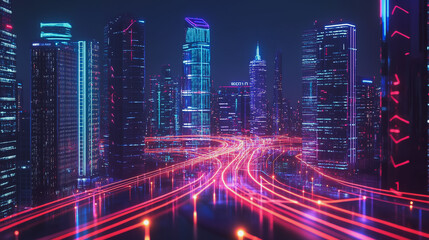 Smart Innovation city with connection cyber security network reciprocity over the night cityscape future wireless digital city and social media networking systems that connects people in the city