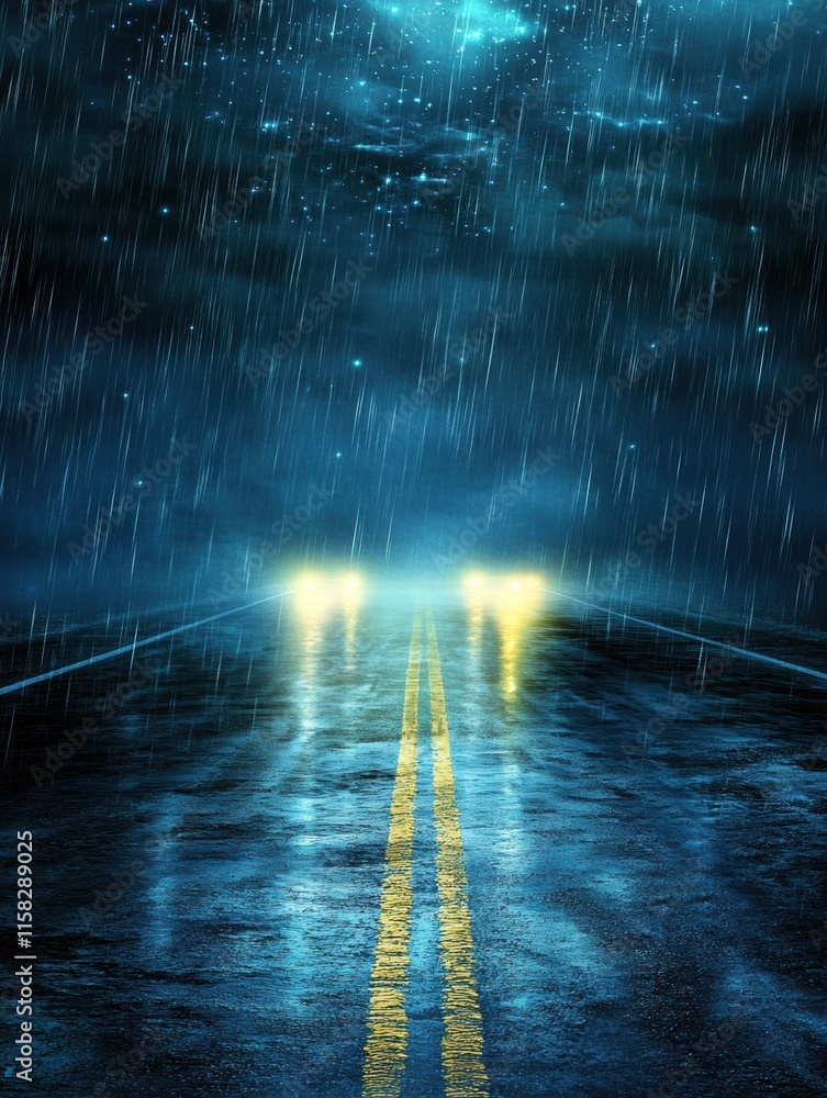 Poster night road with streaks of bright car lights in the rain creating a mesmerizing atmosphere. generati