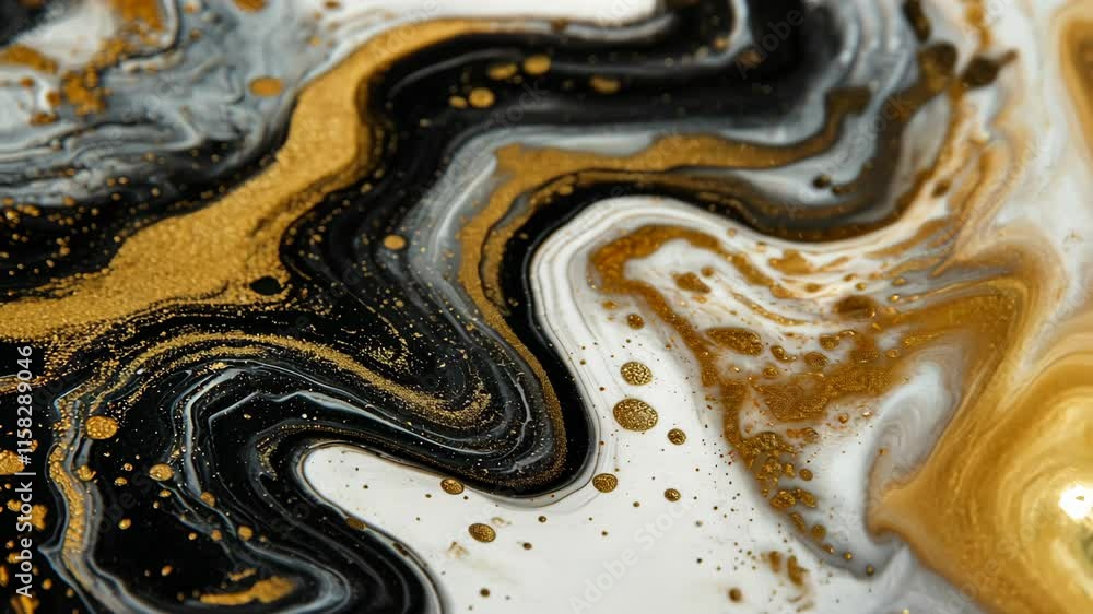 Poster swirling patterns of black, white, and gold create a captivating abstract design with fluid movement