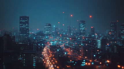 Obraz premium Smart Innovation city with connection cyber security network reciprocity over the night cityscape future wireless digital city and social media networking systems that connects people in the city