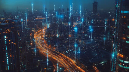 Smart Innovation city with connection cyber security network reciprocity over the night cityscape future wireless digital city and social media networking systems that connects people in the city