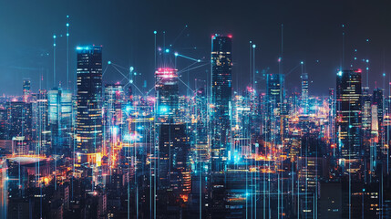 Smart Innovation city with connection cyber security network reciprocity over the night cityscape future wireless digital city and social media networking systems that connects people in the city