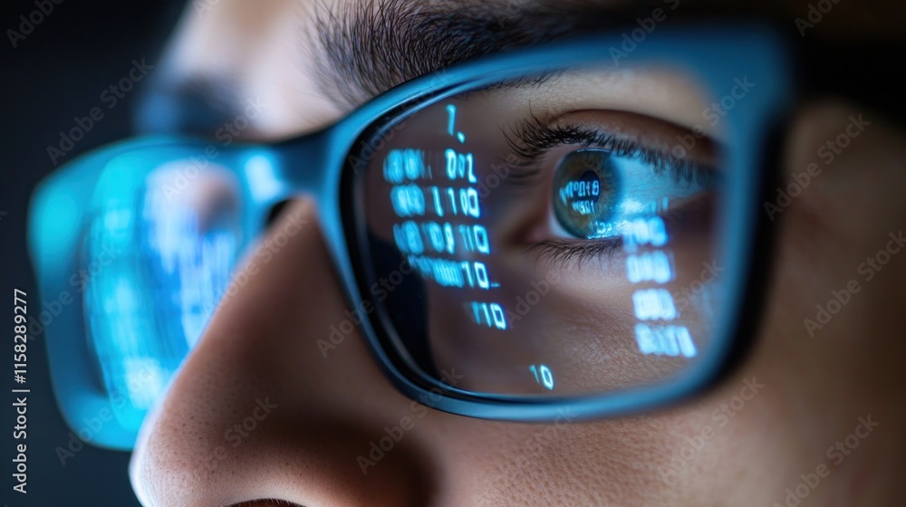 Poster a man is looking at a computer screen with a pair of glasses on