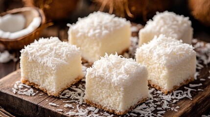 A plate of white cake with coconut flakes on top. There are six pieces of cake. The plate is on a wooden table
