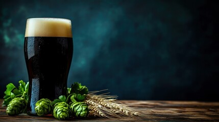 A glass of beer is on a table with some green plants