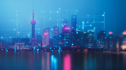 Smart Innovation city with connection cyber security network reciprocity over the night cityscape future wireless digital city and social media networking systems that connects people in the city