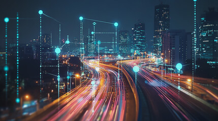 Naklejka premium Smart Innovation city with connection cyber security network reciprocity over the night cityscape future wireless digital city and social media networking systems that connects people in the city