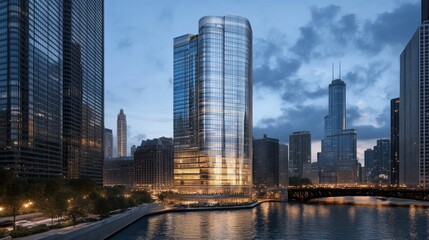 Fototapeta premium The Magnificent Chicago Riverfront at Dusk: A New Skyscraper's Unveiling