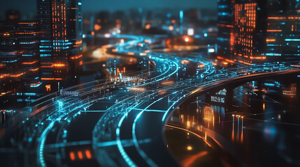 Smart Innovation city with connection cyber security network reciprocity over the night cityscape future wireless digital city and social media networking systems that connects people in the city