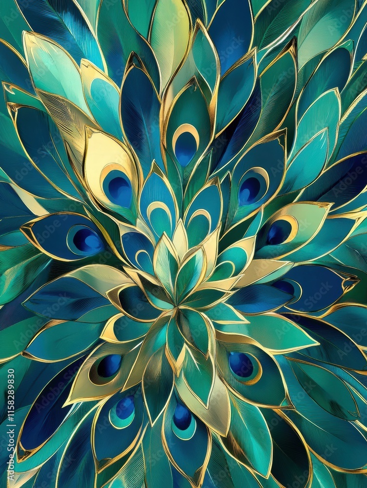 Poster overlapping peacock feathers pattern with vibrant colors and space for additional text for decorativ