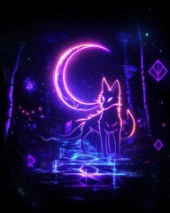 A glowing neon fox standing cautiously on a radiant forest path under a glowing crescent moon, its fur glowing in vibrant orange and teal gradients, surrounded by shimmering particles, swirling 