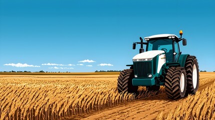 Obraz premium Modern Tractor in Wheat Field Under Clear Blue Sky Landscape