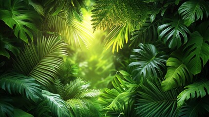 Lush green foliage with vibrant leaves and soft light filtering through, creating a serene atmosphere.