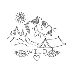 Mountain forest and tent Doodle Illustration. Camping and Travel Set. Black and white line art. Hand drawn. For textiles, clothes, backgrounds, postcards. Travel, hiking and camping concept. Vector il