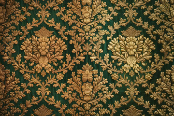 : A rich, ornate brocade fabric with intricate golden floral patterns on a deep emerald green background.