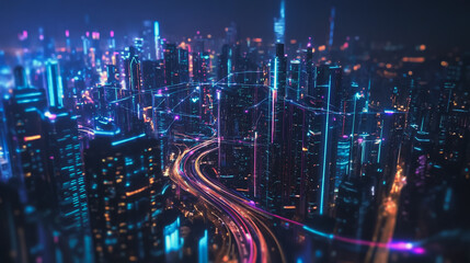 Fototapeta premium Smart Innovation city with connection cyber security network reciprocity over the night cityscape future wireless digital city and social media networking systems that connects people in the city