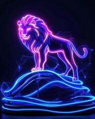 A glowing neon lion standing majestically on a radiant hilltop, its mane glowing in vibrant pink and orange, surrounded by shimmering particles, swirling mist, and a glowing savannah backdrop 