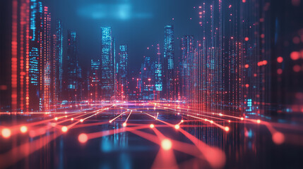 Smart Innovation city with connection cyber security network reciprocity over the night cityscape future wireless digital city and social media networking systems that connects people in the city