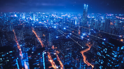 Obraz premium Smart Innovation city with connection cyber security network reciprocity over the night cityscape future wireless digital city and social media networking systems that connects people in the city