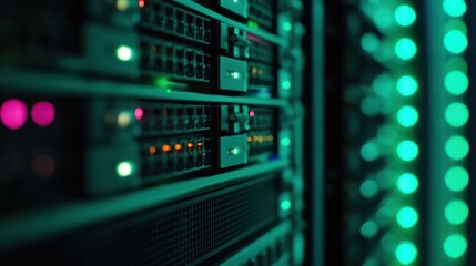 Obraz premium A row of computer servers with green lights. The servers are connected to each other