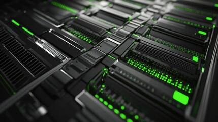 Fototapeta premium A row of computer servers with green lights on them