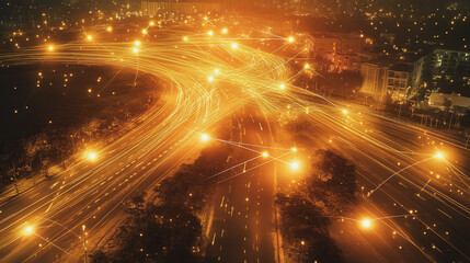 Fototapeta premium Smart Innovation city with connection cyber security network reciprocity over the night cityscape future wireless digital city and social media networking systems that connects people in the city