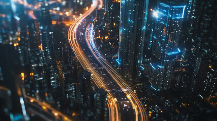 Fototapeta premium Smart Innovation city with connection cyber security network reciprocity over the night cityscape future wireless digital city and social media networking systems that connects people in the city