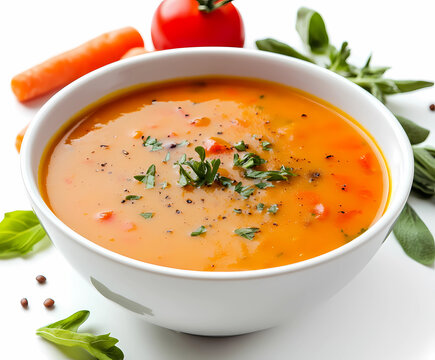 A photo of fresh vegetable soup in a white bowl, isolated on a white background, with carrots and tomatoes
